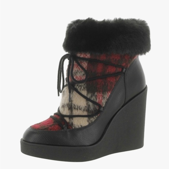 Jessica Simpson Myina red plaid Faux fur ankle laceup wedge platform Boots sz 9 - Picture 10 of 10